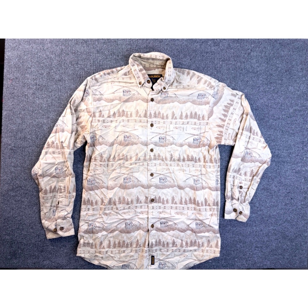 Woolrich Mens Medium Tan Fishing Graphic Button Down Shirt Long Sleeve Cotton M